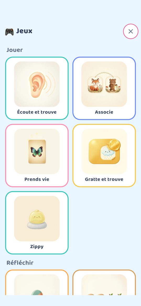 L'écran Jeux sur iPhone : les jeux rangés sur des étagères ; la première contient Zippy.