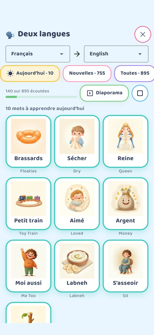 Deux langues : les vues Aujourd’hui, Nouvelles et Toutes, le compte des mots entendus, le bouton Diaporama et dix mots à apprendre aujourd’hui.