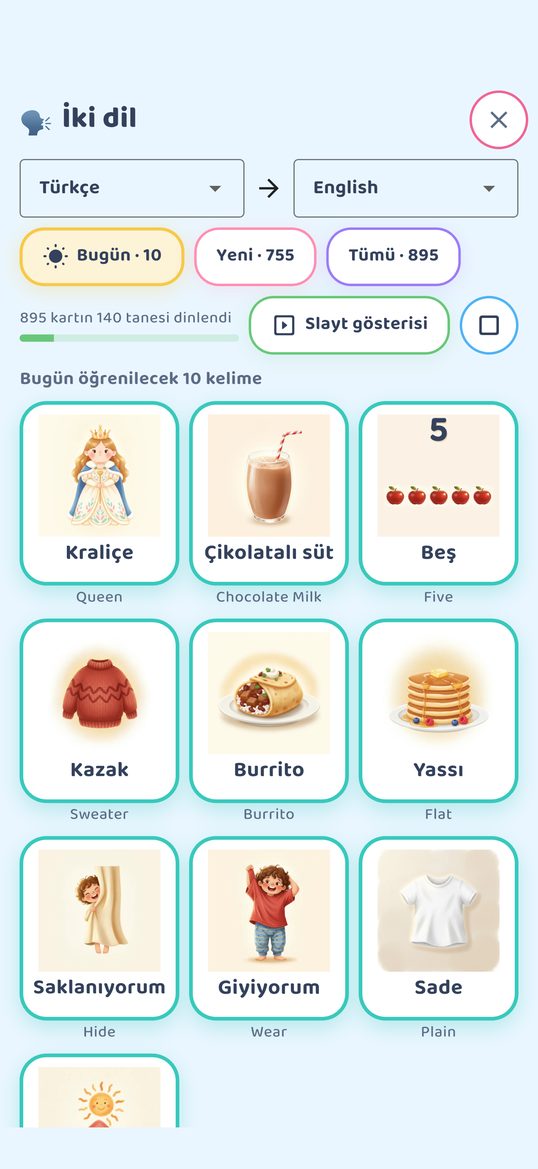 İki dil: Bugün, Yeni ve Tümü görünümleri, dinlenen kelime sayısı, Slayt gösterisi düğmesi ve bugün öğrenilecek on kelime.