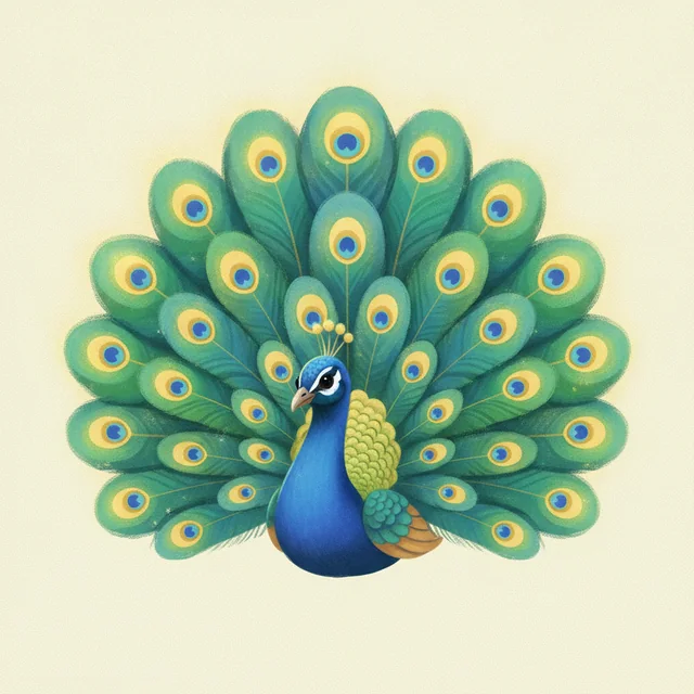 The Peacock picture card from Talking Cards, an illustrated peacock in the app’s warm storybook style.