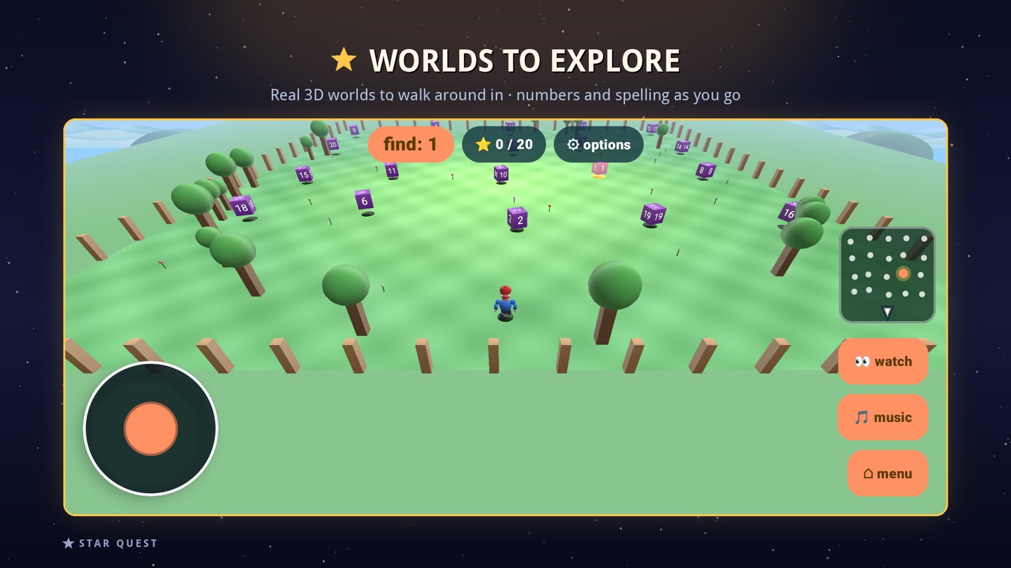 Brain Yard 3D: a green field with numbered purple cubes scattered among trees, a “find: 1” task at the top and a joystick at the bottom left.