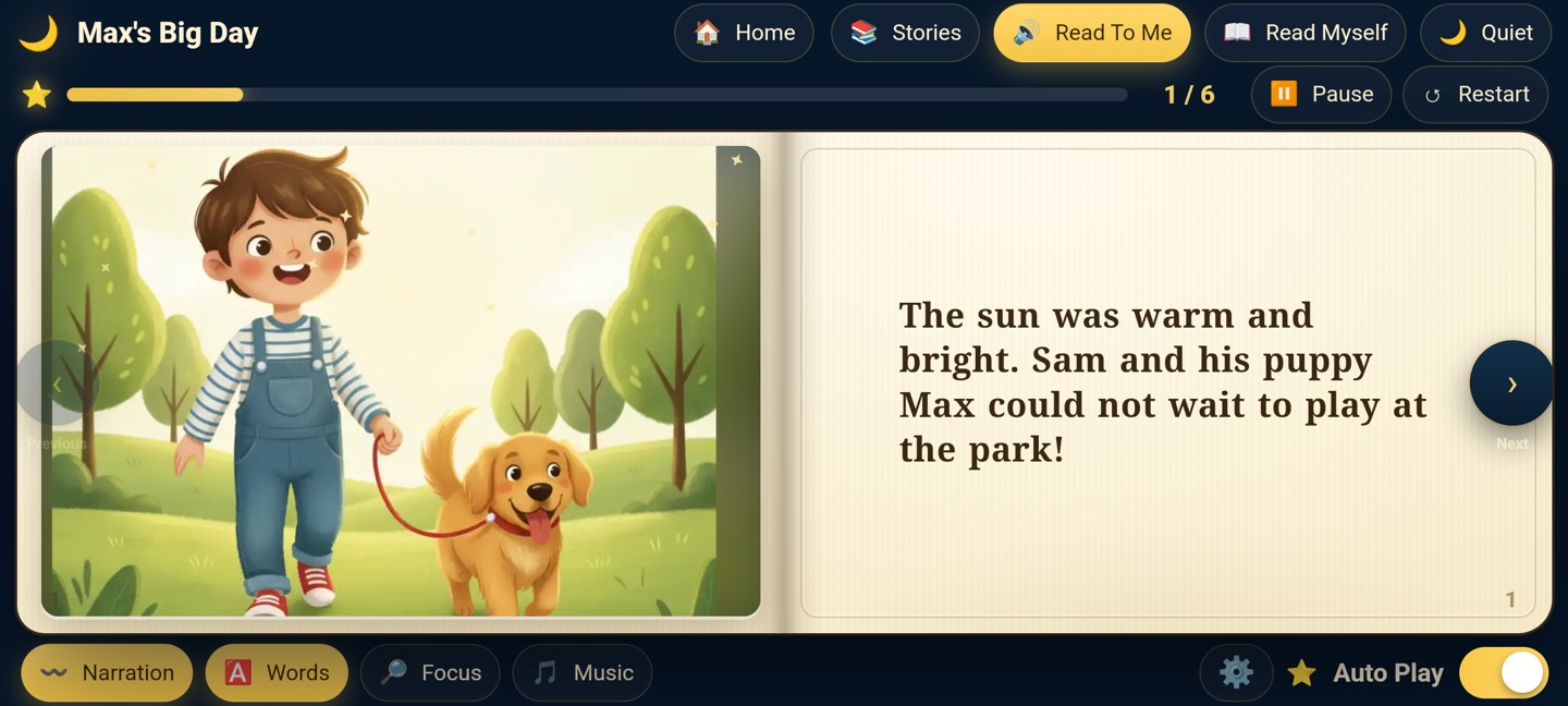 A storybook page from Max's Big Day: a smiling boy walking a golden puppy through a sunny park, beside the text “The sun was warm and bright. Sam and his puppy Max could not wait to play at the park!” with Read To Me, Read Myself and Quiet buttons along the top.