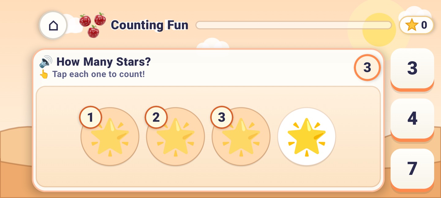 Counting Fun: “How Many Stars? Tap each one to count!” with three stars already numbered 1, 2 and 3, a fourth still to tap, and answer buttons 3, 4 and 7.