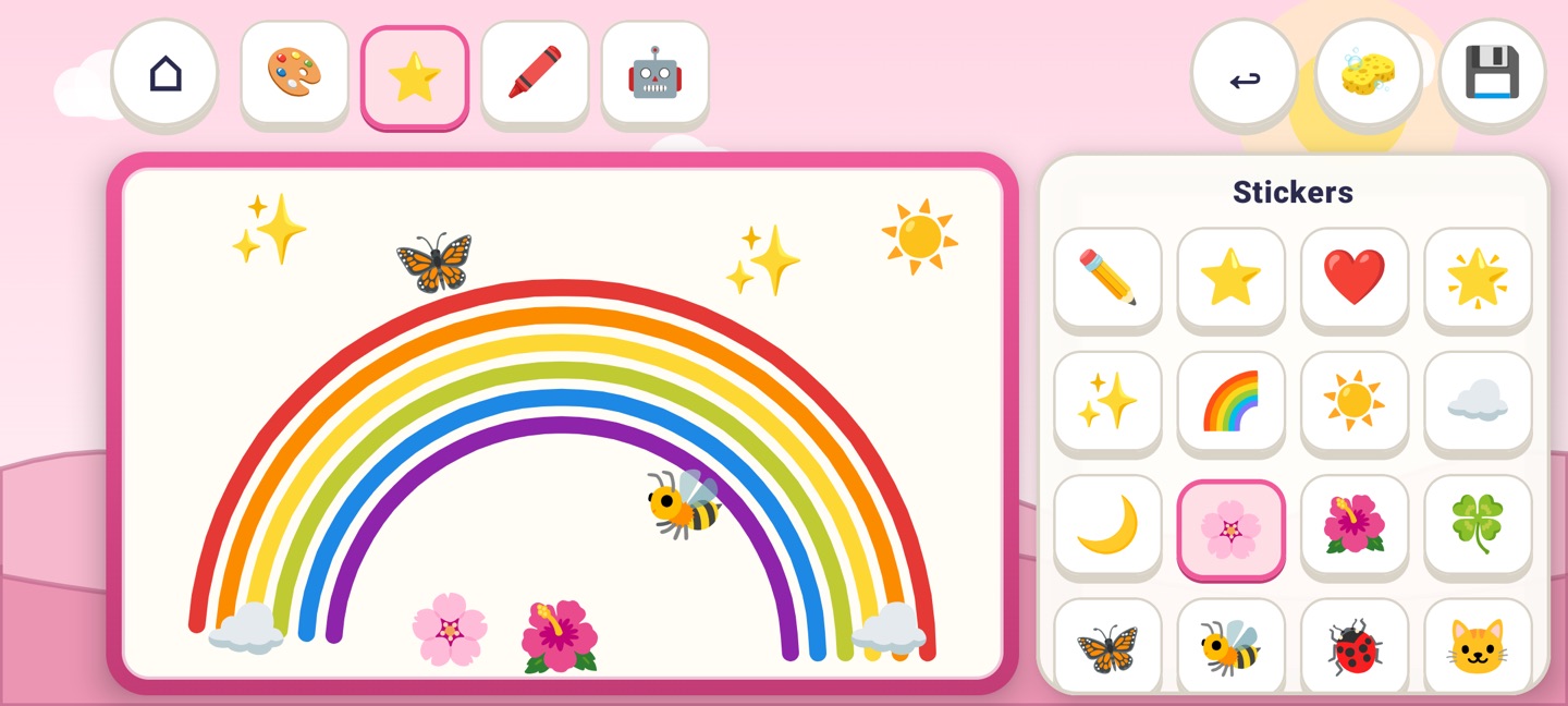 The Doodle studio: a rainbow drawn on a white canvas, decorated with stickers of a butterfly, a bee, flowers, sparkles, the sun and clouds, and a sticker tray on the right.