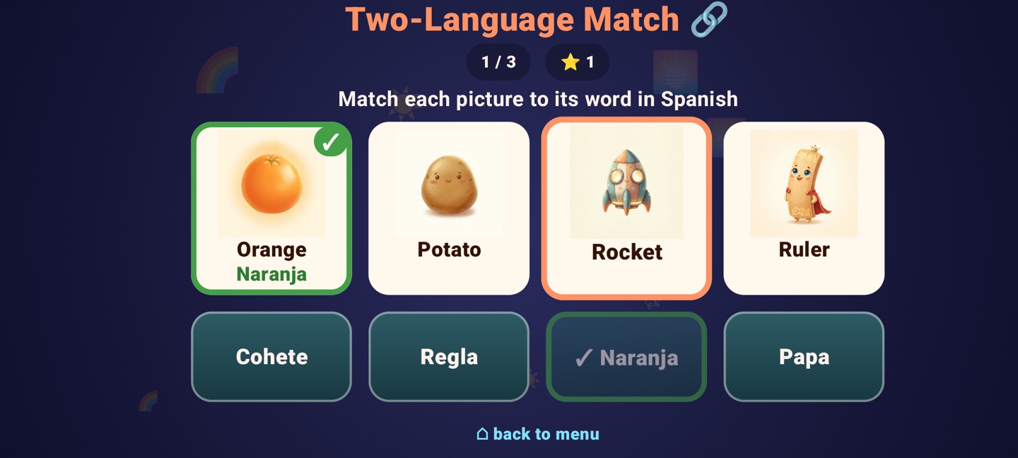 Two-Language Match: “Match each picture to its word in Spanish” — picture cards for Orange, Potato, Rocket and Ruler, with Orange already matched to Naranja, and the Spanish words Cohete, Regla and Papa below.
