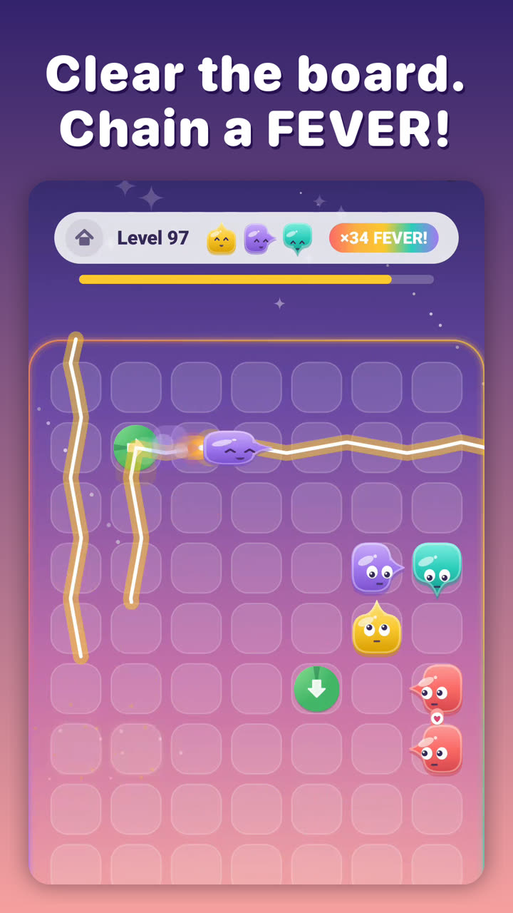 Level 97 in the real game, captioned “Clear the board. Chain a FEVER!”: a Zippy zips out along a glowing trail and the bar at the top reads ×34 FEVER.
