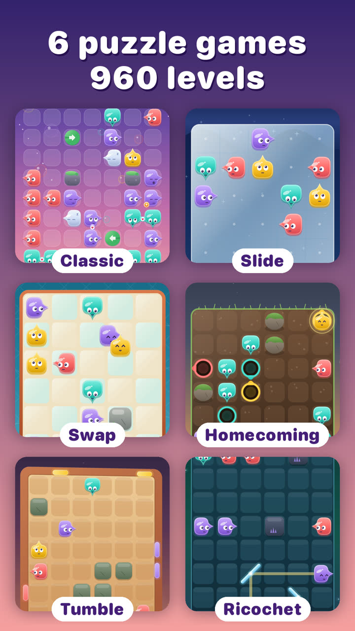 Captioned “6 puzzle games, 960 levels”: six small boards labelled Classic, Slide, Swap, Homecoming, Tumble and Ricochet.