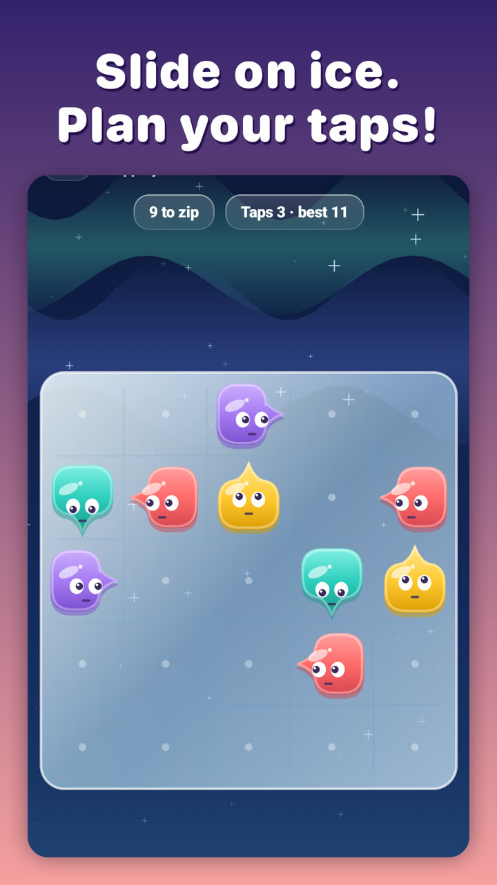 Slide, captioned “Slide on ice. Plan your taps!”: Zippies on a frozen board, with a tap counter and a best score.