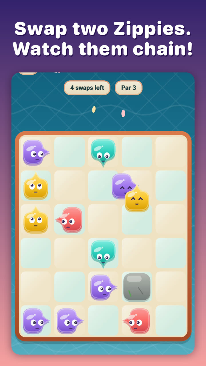 Swap, captioned “Swap two Zippies. Watch them chain!”: a cream board with a swaps-left counter and a par.