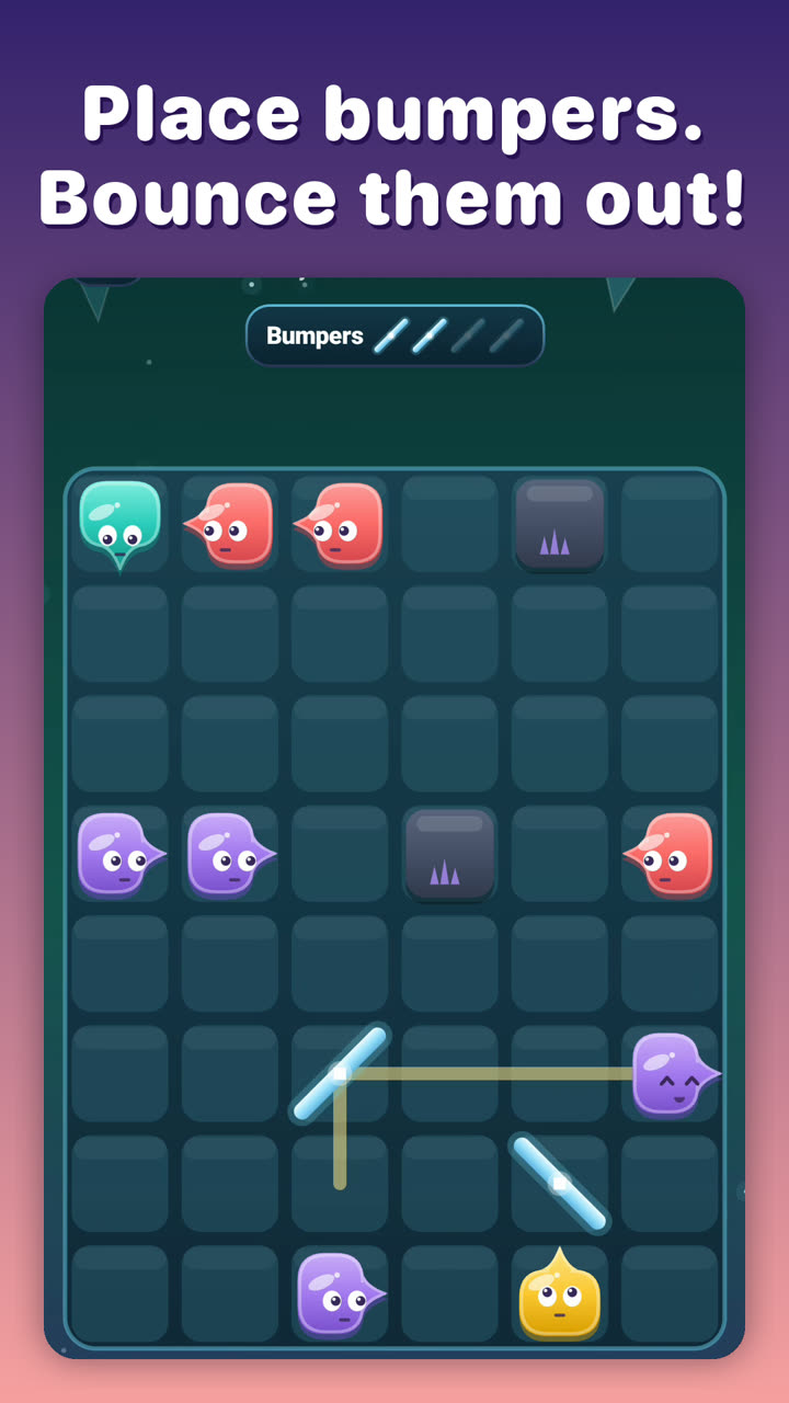 Ricochet, captioned “Place bumpers. Bounce them out!”: a dark board with glowing diagonal bumpers and a Zippy’s bouncing path.