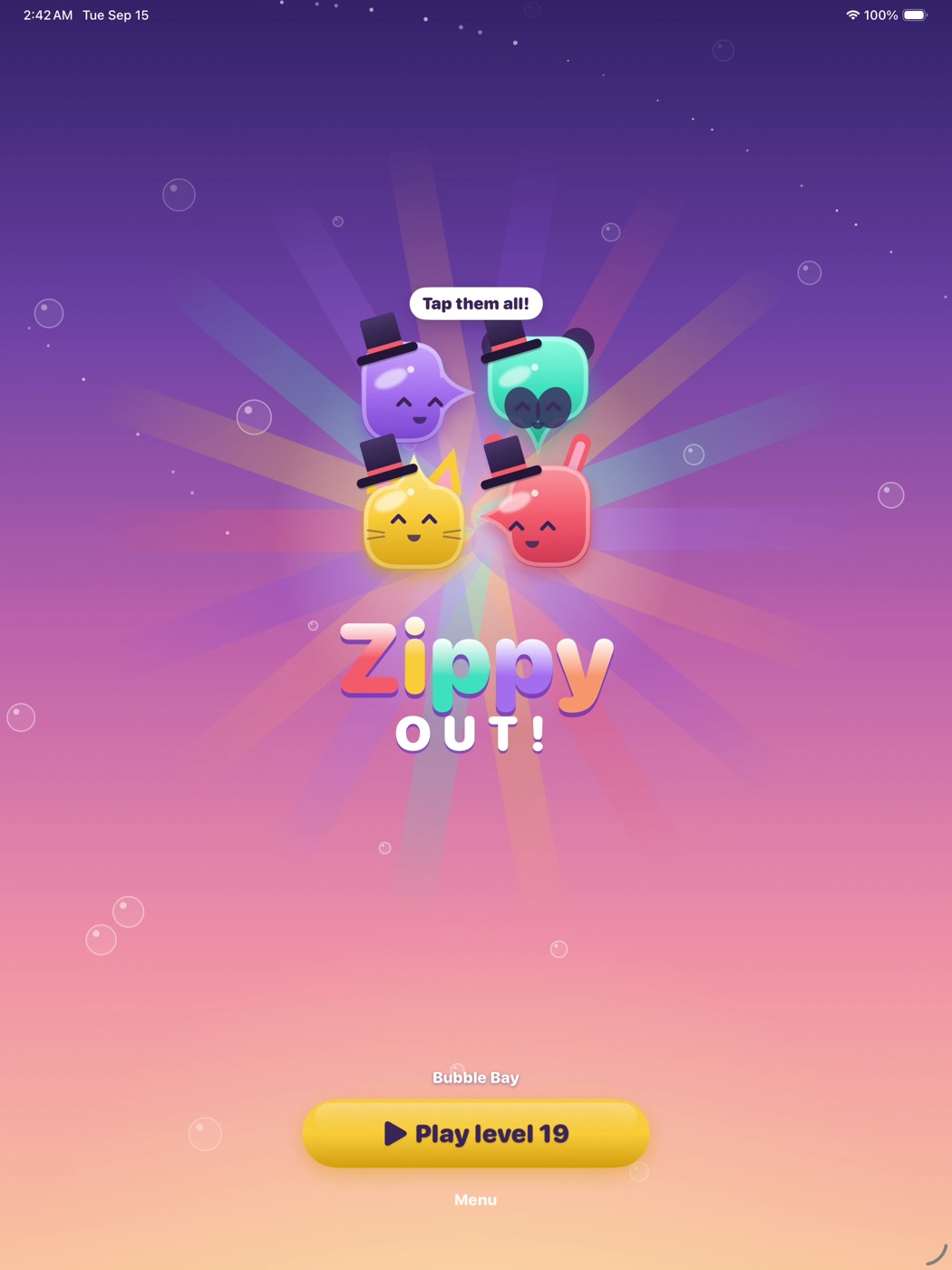 The opening screen on an iPad: the four Zippies and the Zippy Out! wordmark across a wide twilight sky.