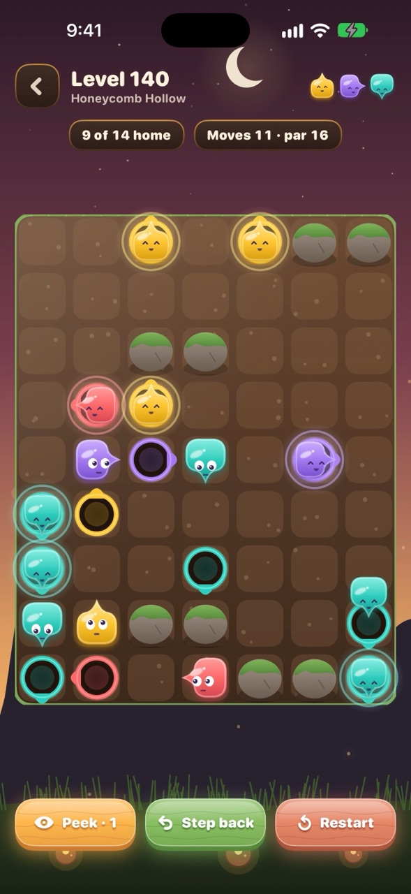 Homecoming, level 140: Zippies on an earthy board with round burrows in matching colours, and a counter reading 9 of 14 home.
